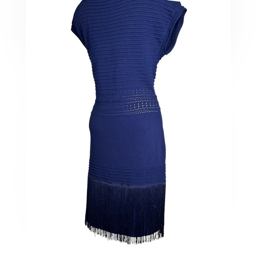 Venus Navy Blue Short Sleeve Cocktail Fringe Sweater Knit Dress Size Medium - Picture 8 of 14